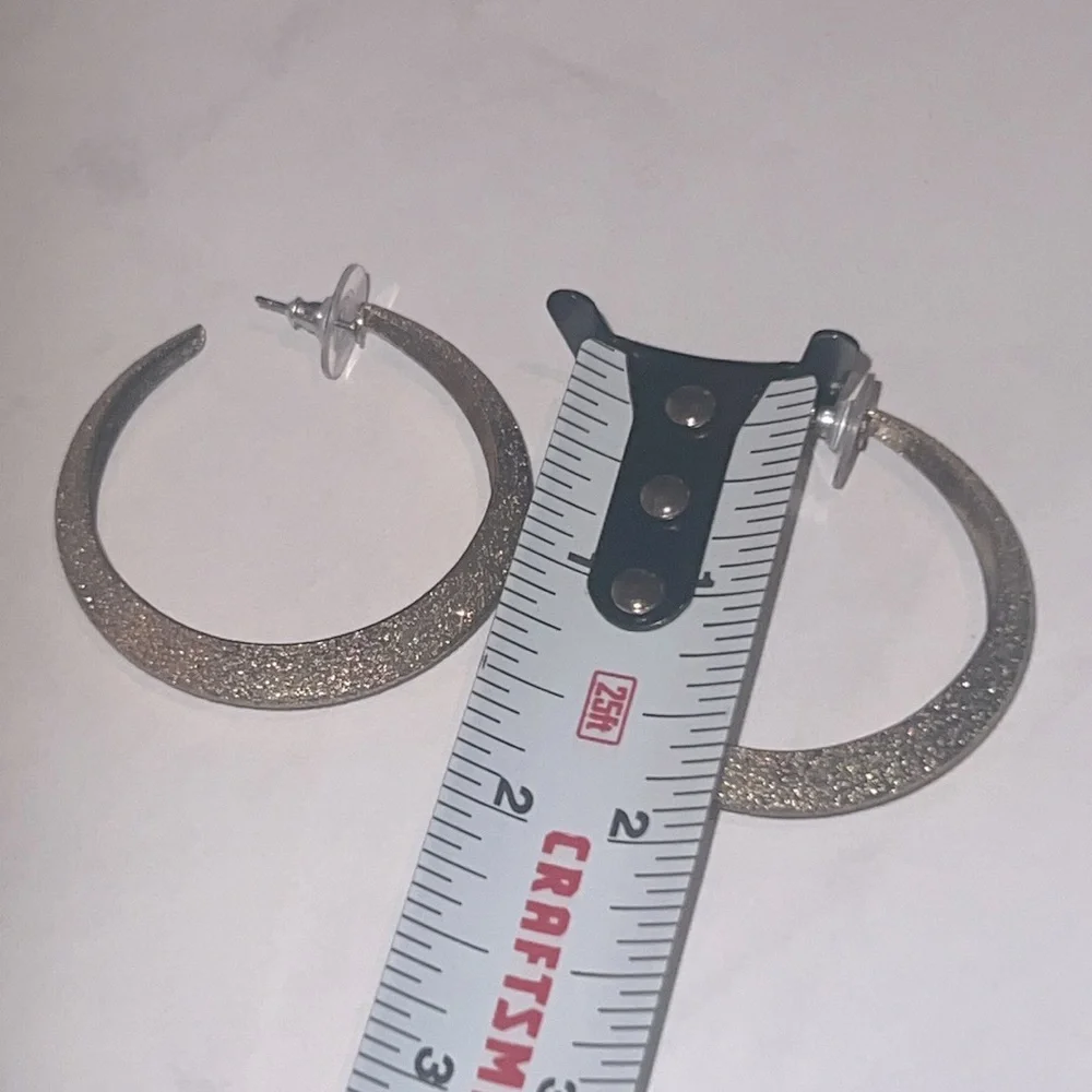 Gold sparkle textured hoops stud backing earrings open hoop 1.75” womens jewelry